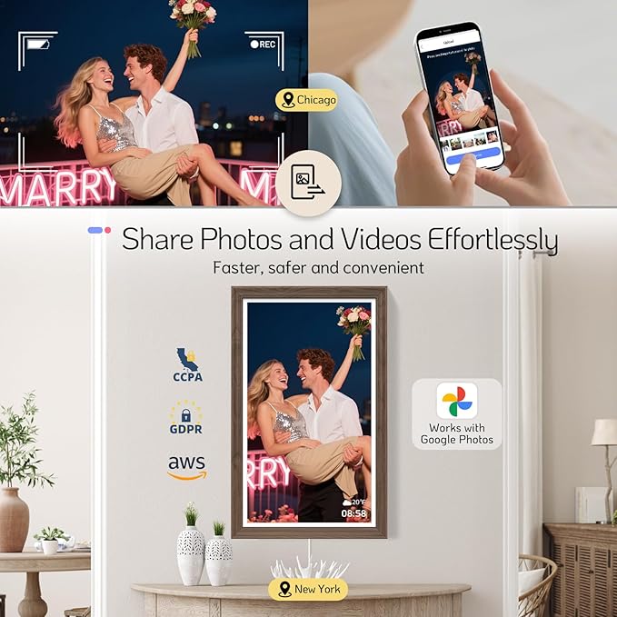 NexFoto Large Digital Picture Frame 27'' Touchscreen, WiFi Electronic Photo Frame 64GB 1920 * 1080 - Add Photos from Google Photos, Upload Videos, for Christmas/Housewarming/Mom/Birthday, Walnut