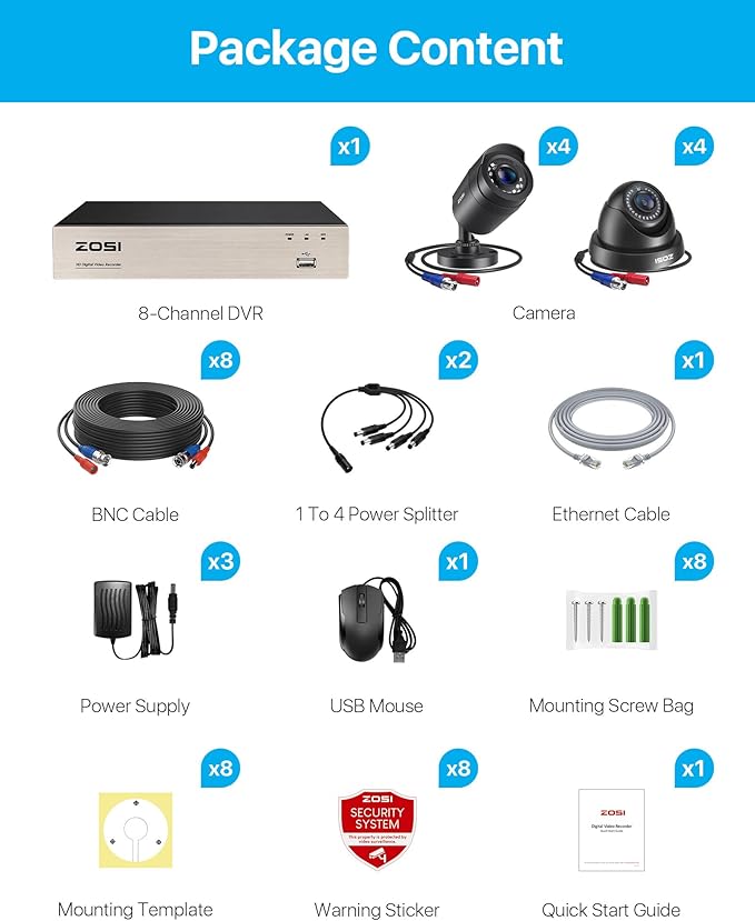 ZOSI 8CH 3K Lite Home Security Camera System with AI Human/Vehicle Detection,8-Channel Surveillance CCTV DVR,8pcs 1080p Weatherproof Outdoor Indoor Camera,Night Vision,Remote Access,No Hard Drive