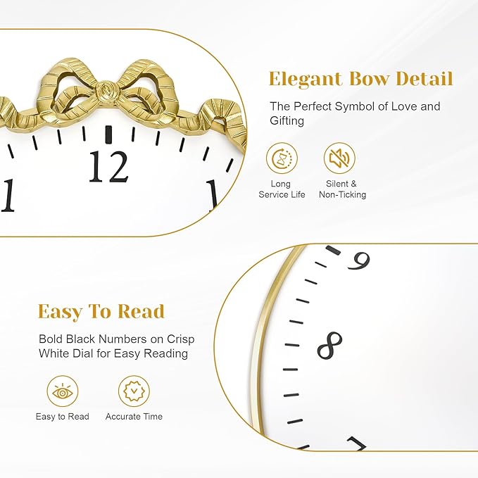 Large Vintage Gold Wall Clock, 27.5inch Decorative Round Wall Clocks with Bow Decor for Living Room, Retro Metal Battery Operated Clocks for Bedroom, Dining Room,Office