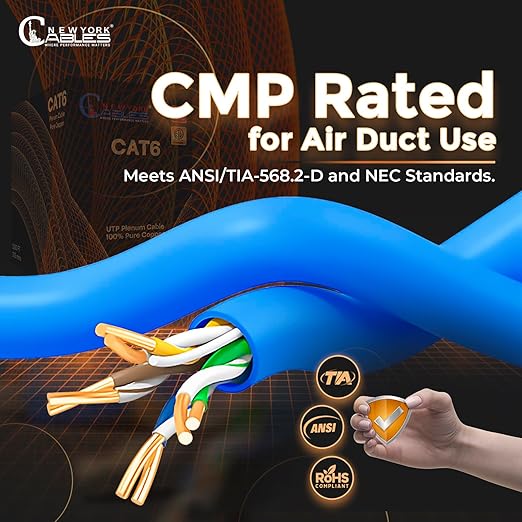 NewYork Cables | CAT6 Plenum Cable 1000ft UL/ETL Listed, 100% Pure Copper, UTP, 550MHz, 23AWG, 4Pair 10GB Ethernet Cable | Certified CMP-Rated Fire-Resistant (1000ft, Pure Copper UL Listed, Blue)