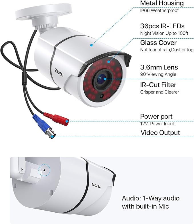 ZOSI 4PACK 1920TVL 1080P HD TVI Security Cameras 120ft Night Vision CCTV Cameras Home Security Day/Night Waterproof Camera for 720P,1080P,5MP,4K HD-TVI Analog DVR Systems