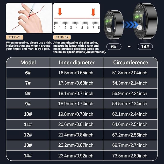 Health Tracker Ring, Smart Health Ring for Women Men with Heart Rate, Blood Oxygen, Sleep Monitor, Steps,Calories, No Subscription Fee, IP68 Waterproof Smart Ring for iPhone & Android (Black, 7#)