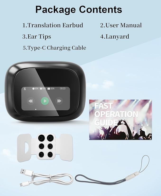 Ai Translation Earbuds Real Time 144-Language Translator Earbuds with Accent Support and 8-Language Offline Translator Device Two Way Translation Headphones for Language Learning Travel Business Black
