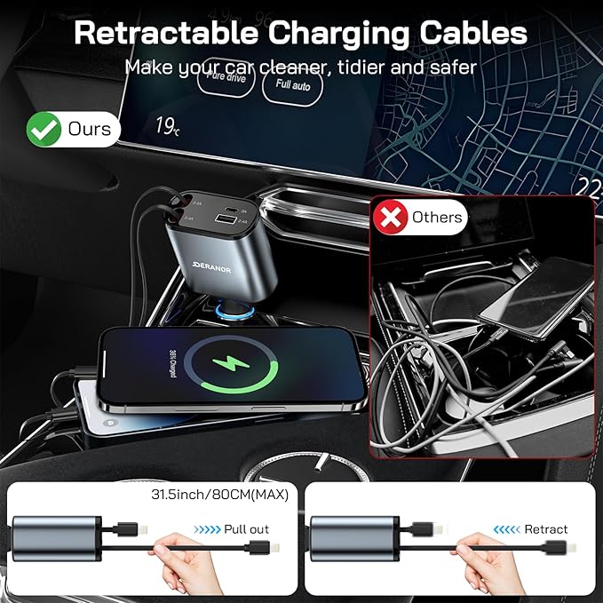 [2 Pack] Retractable Car Charger 4 in 1 Fast Car Phone Charger 69W, USB C Car Truck Accessories Adapter with 2X Retractable Phone Charger Cords and USB Port for i Phone 16/15/14/13,for Samsung S25/S24