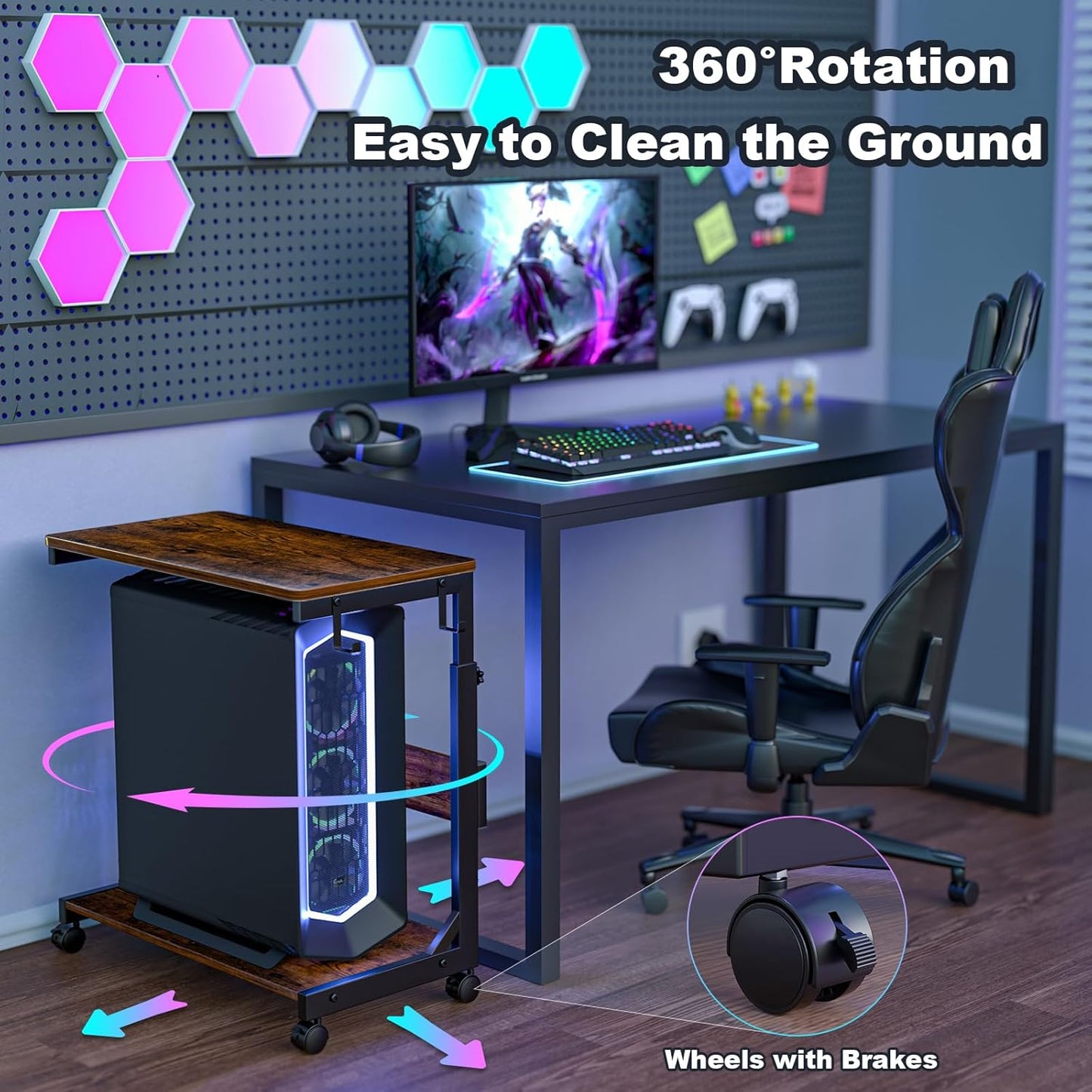 Height Adjustable Computer Tower Stand with Charge Station and USB Charging Port, 2-Tier ATX-Case Cart, Under Desk Mobile PC Stand, CPU Holder Cart with Locking Caster Wheels for Fits Most PC