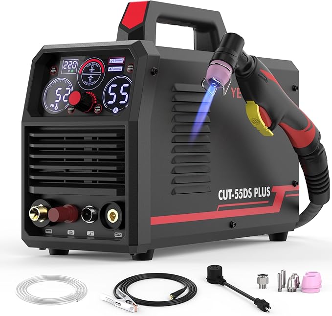 YESWELDER CUT-55DS PLUS Plasma Cutter, 55Amp Non-Touch Pilot Arc Air Power, 2-In-1 Plate Cutting/Grid Cutting Large Digital Display 110/220V Dual Voltage IGBT Inverter Plasma Cutting Machine