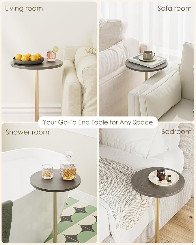 Masupu Drink Table, Round Side Table for Small Spaces, Pedestal Side Table, Small End Table with Metal Base, for Living Room, Bedroom, Bathroom, Grey