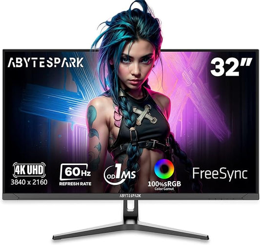 32 Inch Ultra Wide UHD 4K (3840 x 2160) Gaming Monitor, IPS 60Hz Ultra-Clear Screen, 1ms (MPRT), 100% sRGB, Built-in Speaker,FreeSync, 2 x DP 1.4 and 2 x HDMI 2.0, Tilt Height Adjustment
