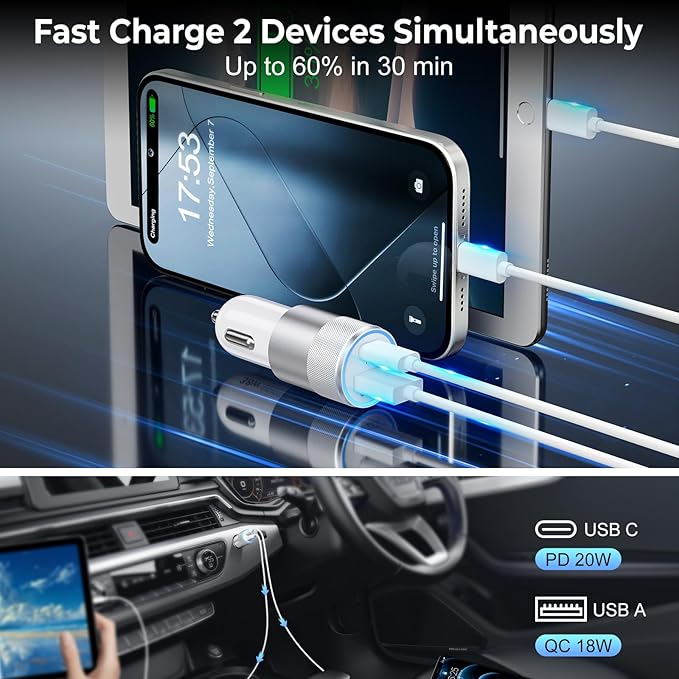 3-Pack Car Charger, Ancekoy 38W Dual Port Fast Charge PD & QC 3.0 Car Adapter Cigarette Lighter USB Plug for iPhone 16/15/14/13 Pro Max, iPad, Galaxy S25/S24/S23 and More (White)