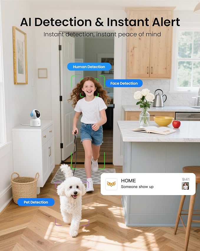4K 8MP Indoor Security Camera, WiFi Camera with 64GB Memory Card, 360° Pan/Tilt IP Surveillance Camera, Auto Tracking, AI Human/Baby Cry/Pet Detection, Night Vision, 2-Way Audio