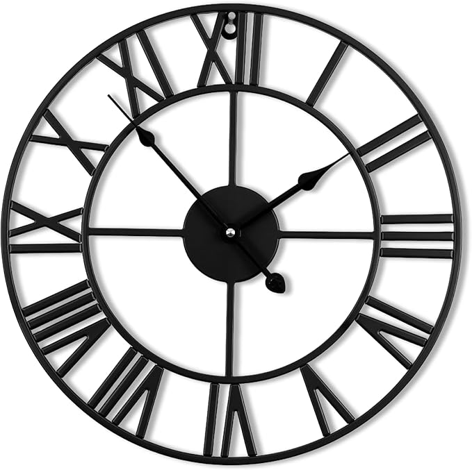 24inch/60cm Large Wall Clocks for Living Room Decor,Vintage,Modern,Round,Silent,Non Ticking,Black Wall Clock for Home,Garden,Office,Cafe Decoration(Iron Roman Numerals, 24 inches)