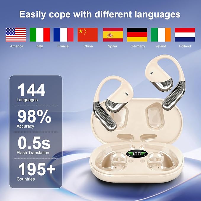 AI Translator Earbuds Real-Time 144 Languages & Accents, 3-in-1 Open Ear Wireless Bluetooth Earbuds with Charging Case,Translation Device for Travel Business Learning Compatible with iOS and Android