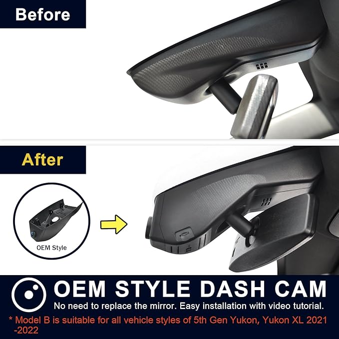 Front 4K & Rear 1080P Dash Cam Custom fit for GMC Yukon, Yukon XL 2021-2022 (Model B), SLE SLT AT4 Denali, Integrated OEM Look, UHD 2160P Video, G-Sensor, Loop Recording, 128GB Card