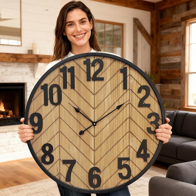 30 Inch Large Wall Clock, Oversized Wooden Farmhouse Wall Clock with Black Metal Frame, Battery Operated Non-Ticking Silent Wall Clocks for Living Room, Kitchen, Bedroom Decor (Brown)