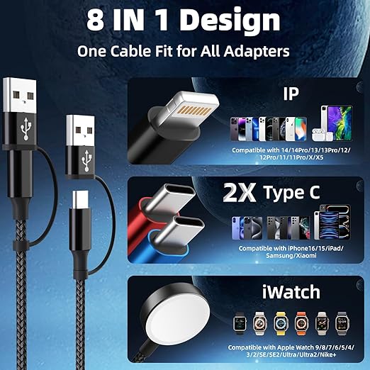 Dual Type-C Port 4 in 2 Multi Charging Cable for Apple iWatch Charger/iPhone 17/Lightning, Travel Charger for Multiple Devices, Christmas Gift for iWatch Ultra/SE/10-1, iPhone16-8, iPad - 2Pcs 5FT
