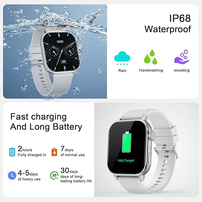 Smart Watch for Men Women, 1.85'' AMOLED HD Fitness Watch with 120+ Sports Modes, Bluetooth Call/Heart Rate/Sleep Monitor/Pedometer, Smartwatch for Android iOS, IP68 Waterproof, Silver