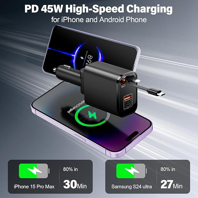 Retractable Car Charger USB C 4 in 1 87W Cigarette Lighter Car Phone Charger Adapter for iPhone 17 with Voltage Display Fast Charge for iPhone,Android,Samsung,etc
