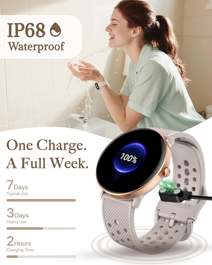 Smart Watch for Women Men, for Android iOS with Sleep Monitor, Pedometer Fitness Tracker, Bluetooth Call, IP68 Waterproof, 112+ Sport Modes Calorie Counter Round Smartwatch (Casual, Gold-Pink, 1.39)