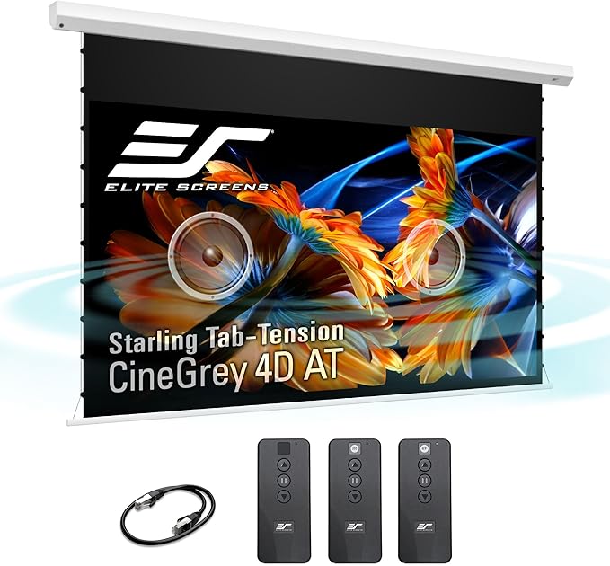 Elite Screens 110-Inch Motorized Projector Screen 16:9, CineGrey 4D at CLR/ALR, Acoustically Transparent, ISF Certified, Tab-Tensioned Electric Drop Down for Home Theater, STT110XHD4AT-E12