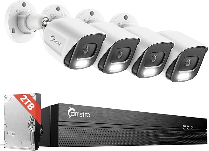 4Pcs 5MP PoE Security Camera System with 4K 8CH NVR, 2TB HDD, AI Human/Vehicle/Pet/Parcel Detection, 100ft Night Vision, H.265+, IP67 Metal Cameras, 24/7 Recording & Remote Access- White