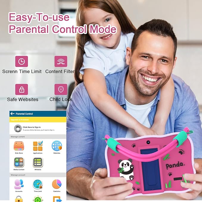 VASOUN 7 inch Kids Tablet with Strap, Android 13 with 32GB Toddler Tablet,WiFi, Dual Camera,Time Limits, Age Filters,Parental Controls,Kids Software Pre-Installed with Silicone Case (Pink)