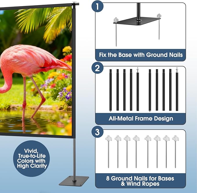 Projector Screen with Stand, 120 Inch Indoor Outdoor Portable Projection kit All-Metal Frame Wrinkle-Free 16:9 4K HD Front/Rear Movie Screen with Carry Bag for Home Theater Backyard Movie Night