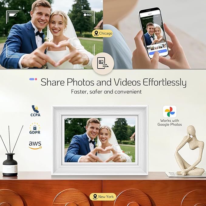 NexFoto Touchscreen Digital Picture Frame 10.1 Inch 64GB, WiFi Photo Frame Electronic, Add Pics from Google Photos, Easy to Share Videos via App/USB/Micro SD, for Christmas/Mom/Birthday, White Wood