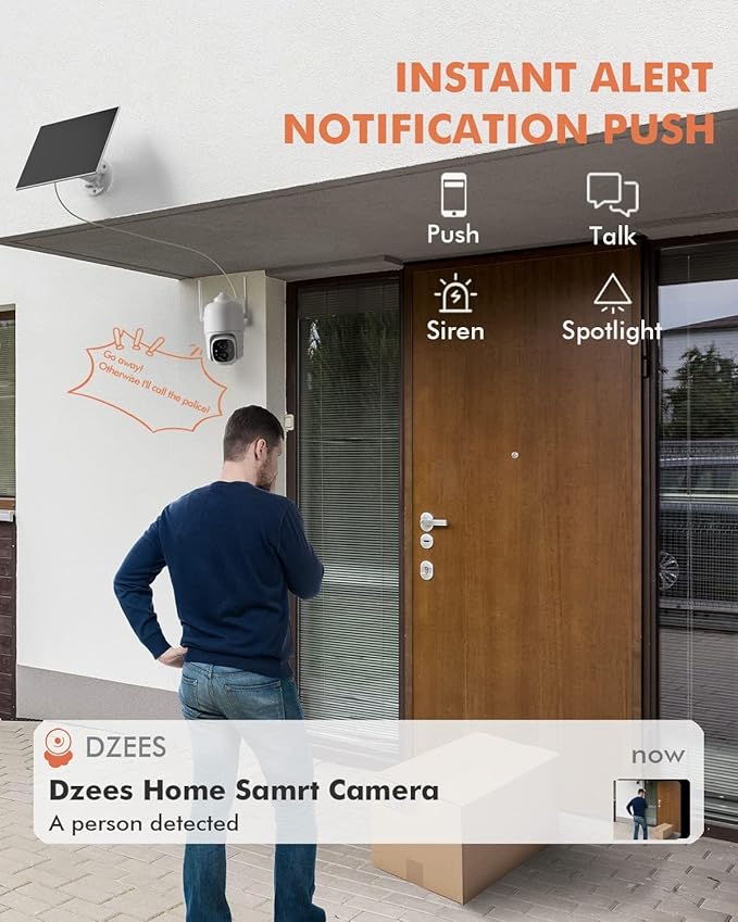 Dzees Solar Security Cameras Wireless Outdoor, 2K Battery Powered Security Camera, 360° PTZ Camera with Spotlight, Siren, Color Night Vision, AI Dectection, IP66 for Home Security, 2.4GHz 4-Pack