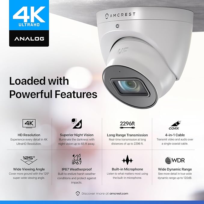 Amcrest Analog 4K Outdoor Security Camera, Turret 8MP @15fps CCTV-Coax-BNC, 65ft Night Vision, 125° Angle, Built-in Mic, White (AMC4KDM28-W-V3), (Not an IP Camera) DVR Required, Not Included