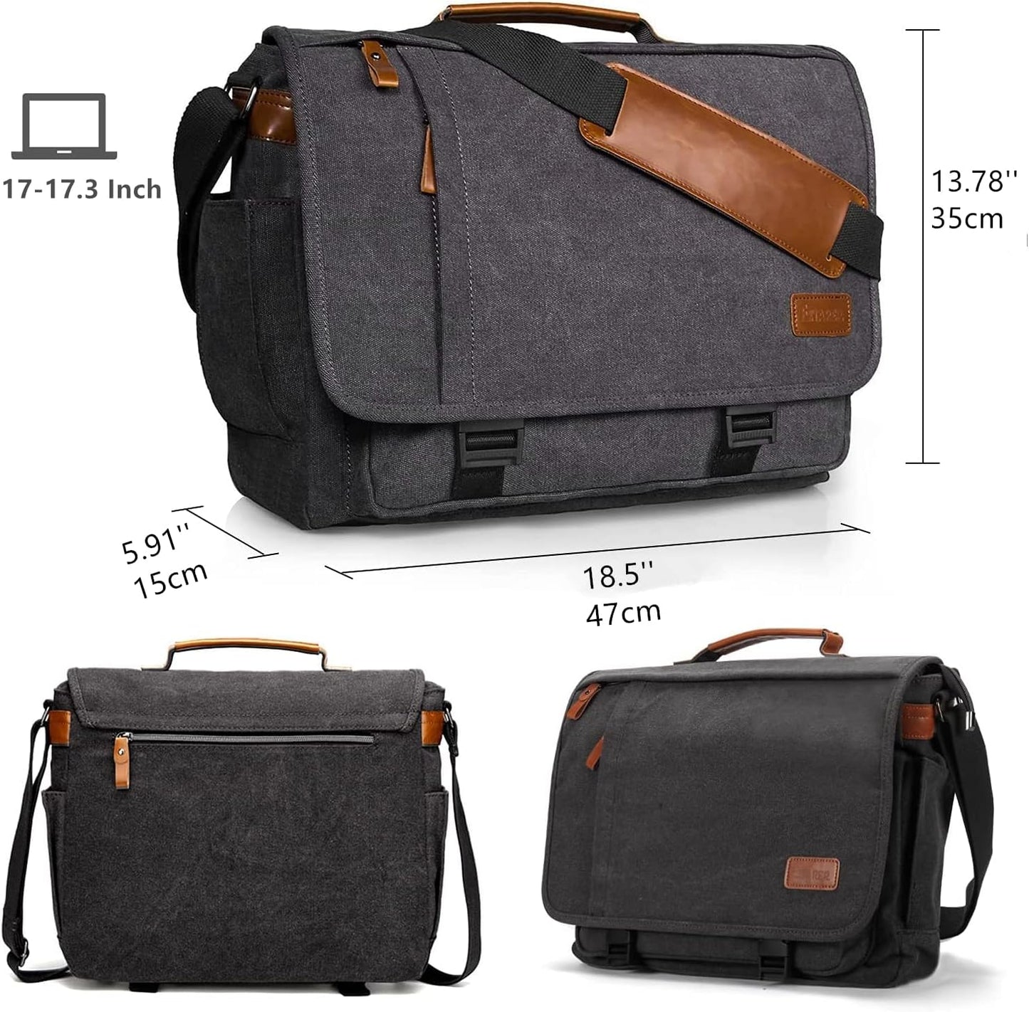 ESTARER Men Messenger Bag 17-17.3 Inch Laptop Bag Water-resistant Canvas Computer Shoulder Bag Briefcase for Work College Travel, Grey