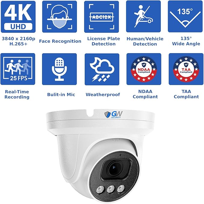 GW Security 8 Channel NVR UltraHD 4K Face Recognition NDAA & TAA Compliant Security Camera System with 8 x 8MP @25FPS Outdoor & Indoor PoE Turret Cameras, 10 Smart AI Functions