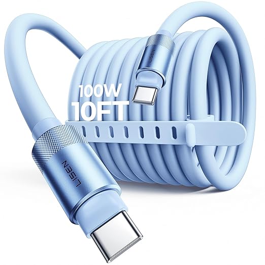 LISEN for iPhone Air 17 Charger Cord USB Cable 10FT, Chubby 100W Soft Silicone USB C to USB C Fast Charging Cable, Long USBC to USBC for iPhone 17 16 15, Samsung S25, MacBook Pro/Air, Blue