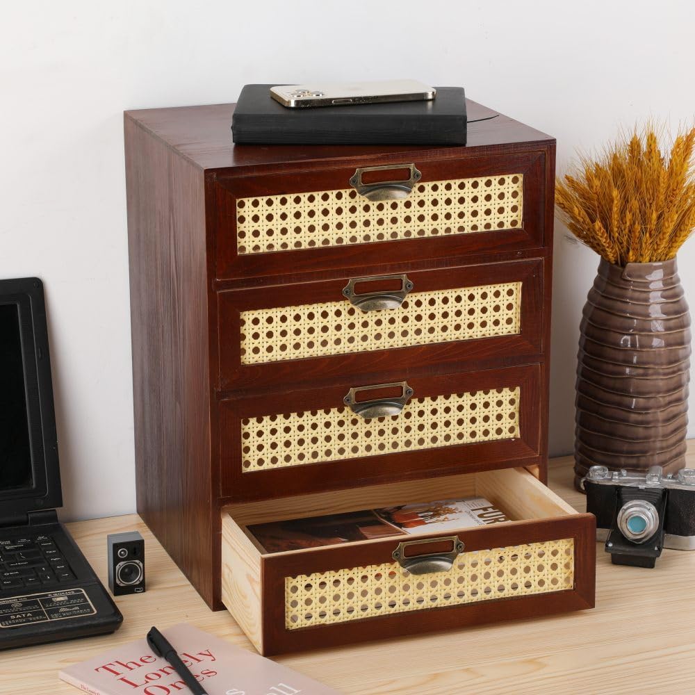 Large Wooden Storage Box Wooden Box with Drawers Apothecary Cabinet Large Desk Organizer with Drawers Rattan Storage Cabinet (LARGE BROWN)