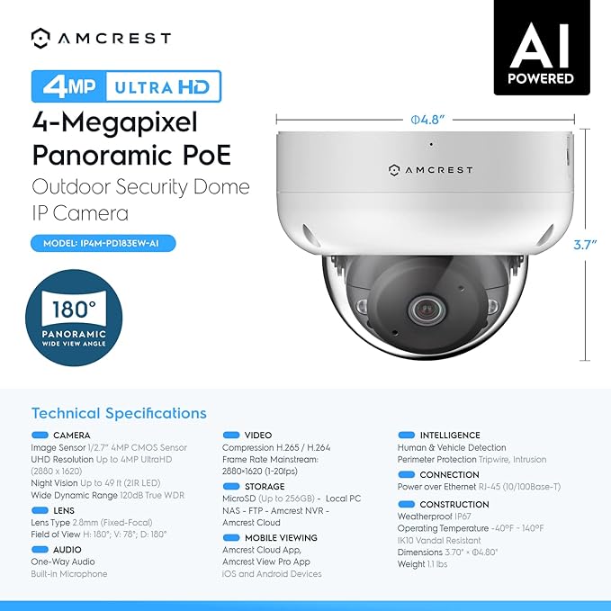 Amcrest Panoramic IP POE Camera, 180° Panoramic 4-Megapixel POE IP Dome Camera, Security Outdoor Camera, 50ft Nightvision, IVS Features and People Counting, MicroSD Recording, IP4M-PD183EW-AI White