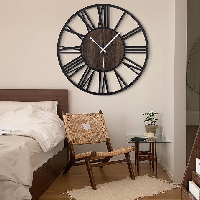 LEIKE 32" Oversized Large Wall Clocks,Silent,Non Ticking,Battery Operated Modern Round Big Wood Decorative Metal Wall Clock for Living Room, Bedroom,Kitchen,Farmhouse,Office Decor - Black,32 Inch
