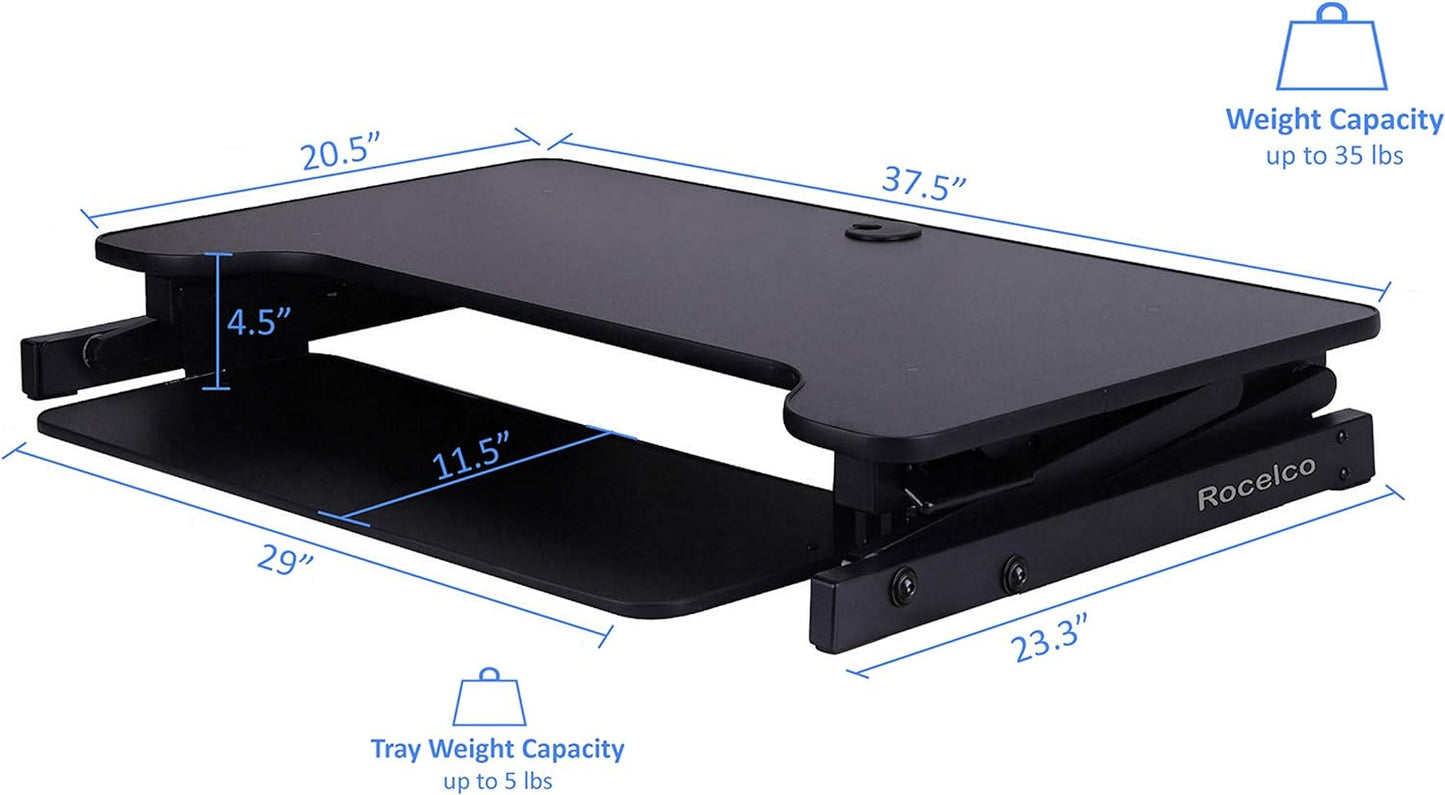 Rocelco 37.5" Height Adjustable Standing Desk Converter with Floor Stand Bundle - Slide Out Retractable Keyboard Tray - Sit Stand Up Dual Monitor Riser - Computer Workstation - Black (R DADRB-STFS)