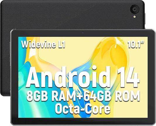 Tablet 10 Inch, Android 14 Tablet PC, 8GB RAM+64GB ROM (1TB TF), Octa-Core 2.0 GHz, Bluetooth 5.0, WiFi 6, Widevine L1, 5MP+8MP, 5000mAh,Type-C (Black, 10)