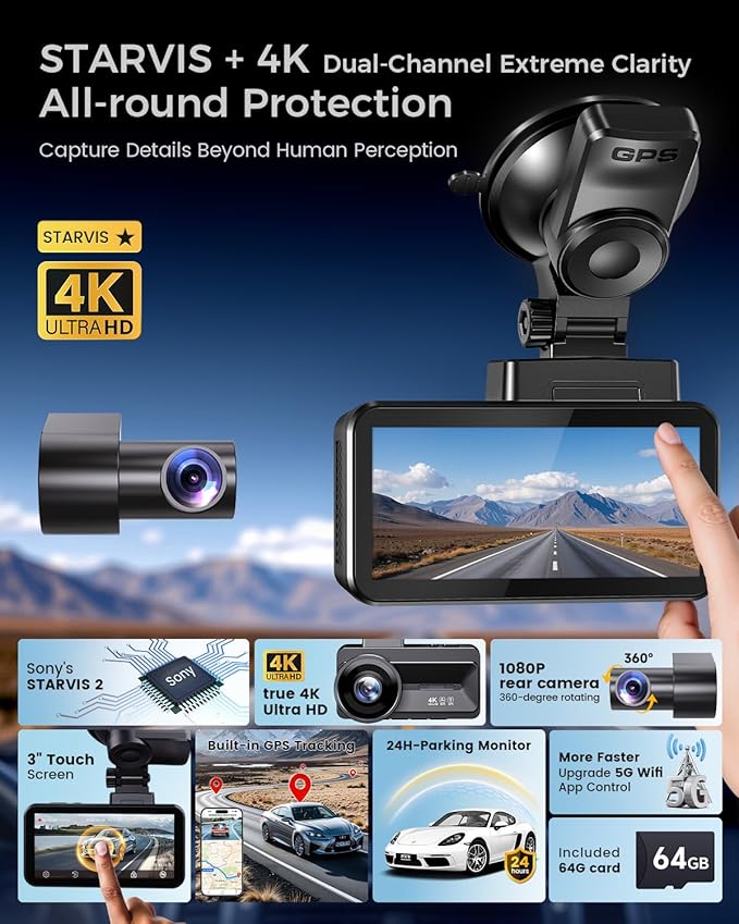 COOLCRAZY 4K Dash Cam Front and Rear with Touch Screen & STARVIS Sensor,5.8Ghz Wi-Fi,GPS,64GB Card,Night Vision Dashcam,G-Sensor,Loop Recording,App Control,24H Parking Monitor Car Camera