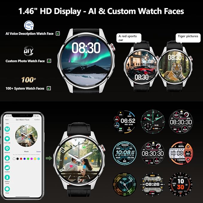 Smart Watch for Men Built-in GPS(Answer/Make Call/Text), 1.46" AI Smartwatch for Android Phones/iPhone, 100+ Sport Mode Fitness Tracker with Health/Sleep Monitor, Compass/Barometer/Altitude(2 Straps)