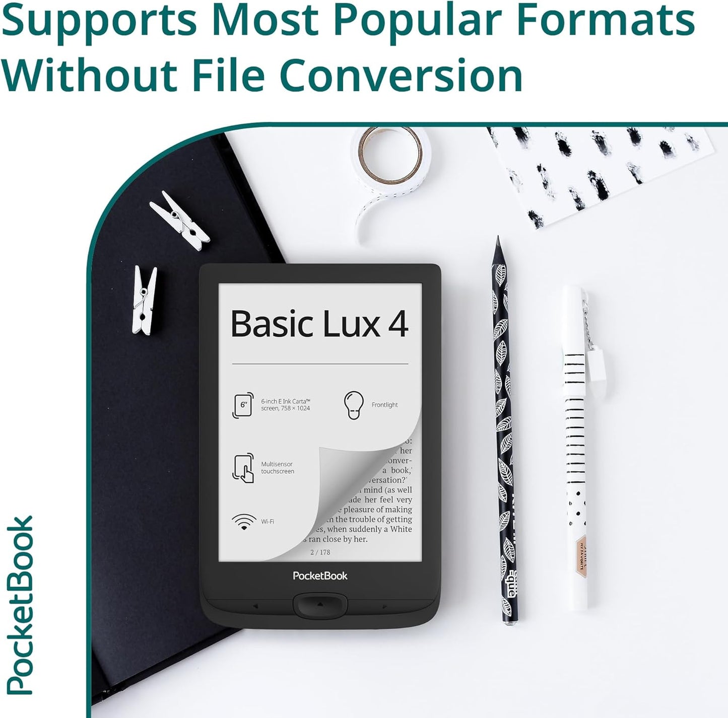 PocketBook Basic Lux 4 E-Book Reader | 6ʺ Glare-Free & Eye-Friendly E-Ink Technology | Compact & Lightweight E-Reader | Frontlight | Touchscreen | Wi-Fi | Dictionaries | Micro-SD Slot