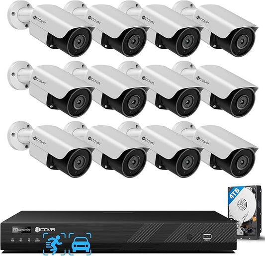 4COVR 16 Channel Security Camera System, AI Human/Vehicle Detection,16CH 4K NVR 4TB HDD, 12Pcs 5MP Wired Commercial Bullet PoE IP Camera IP67, Night Vision, Business Surveillance Outdoor, LY37EX5M1612