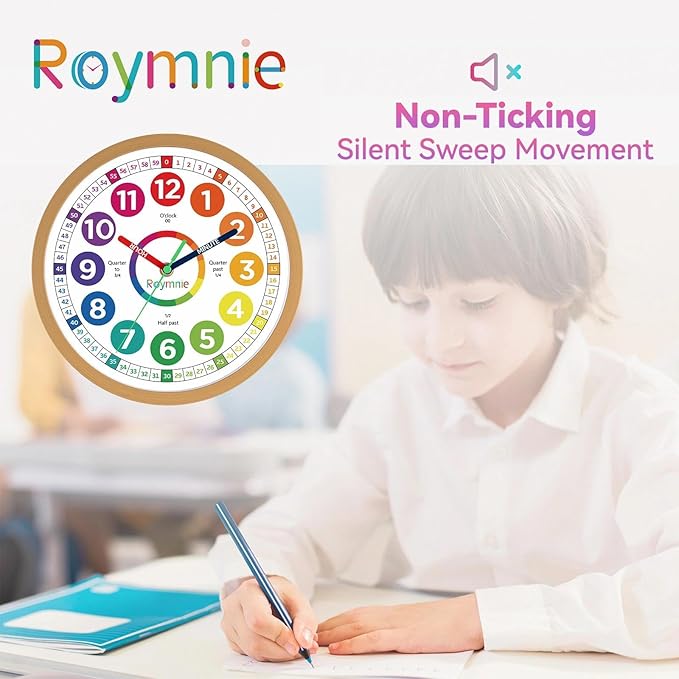 Roymnie14 Inch Wall Clock for Kids Learning to Tell Time Large Analog Silent Battery Operated Teaching Clock Silent Colorful Teaching Time Ideal Gift for Kids Room School