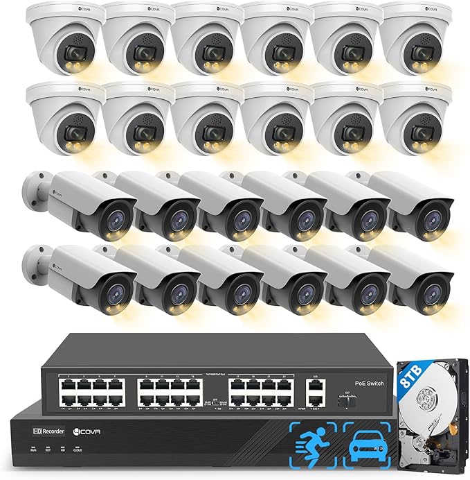 4COVR 4K PoE 32 Channel Security Camera System 2-Way Audio Talk, Person Vehicle Detection & Smart Color Night Vision, UHD NVR 8TB HDD, 12 Dome 12 Bullet 8MP IP Camera Business IP67, LYH37Y8M3224