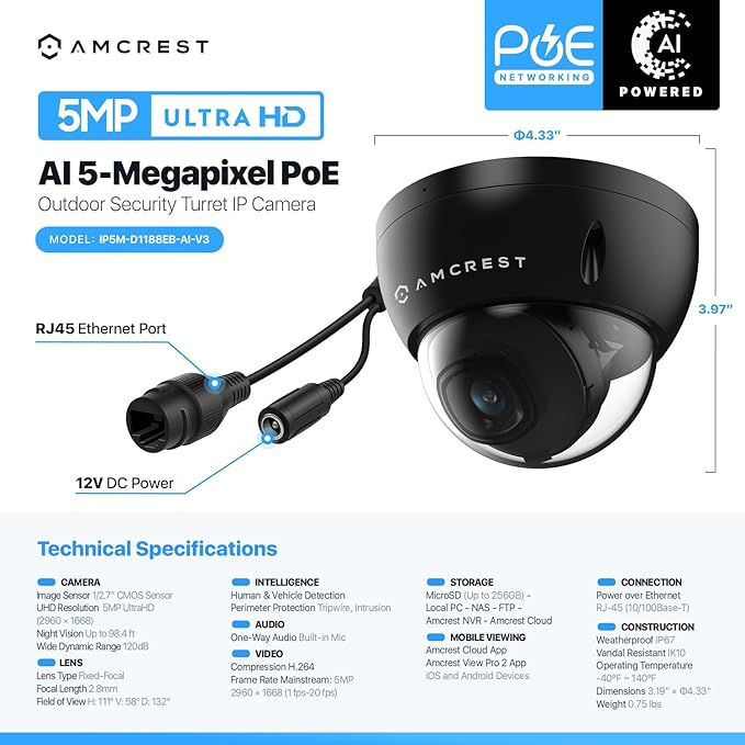 Amcrest 5MP POE Camera, Outdoor Vandal Dome Security POE IP Camera, 5-Megapixel, 98ft NightVision, 2.8mm Lens, IP67, IK10 Resistance, MicroSD 256GB (Sold Separately), Cloud, NVR (IP5M-D1188EB-AI-V3)
