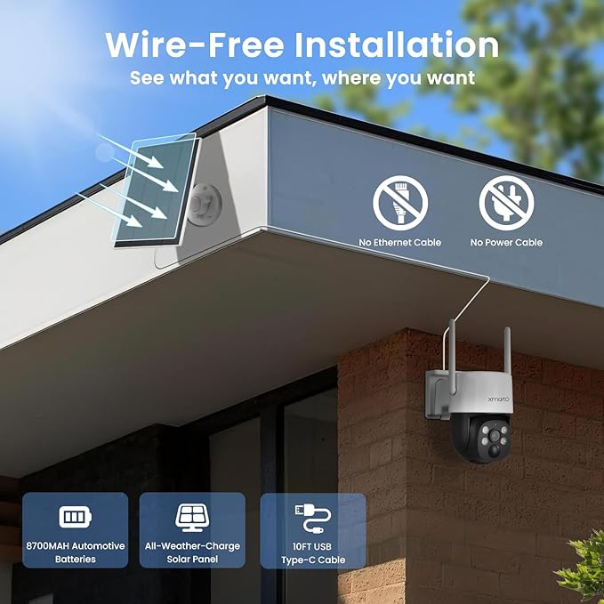 xmartO Solar/Battery-Powered Wire-Free PTZ Home Security Camera Wireless Outdoor/Indoor CCTV Surveillance (Non-Stop Solar Power, Rechargeable Battery, Floodlights, SD/NVR/Cloud)