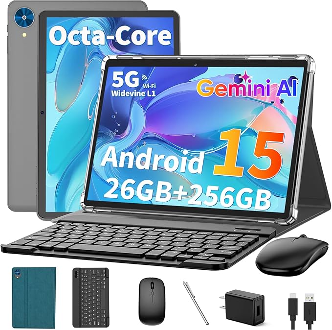 Android 15 tablet with keyboard, 26GB RAM+256GB ROM(2TB Expand), 10 inch tablet with 8000mAh Battery, 2.4G/5G WiFi, BT 5.0, 5MP+13MP Dual Camera, Gemini AI, Octa-core, Mouse, Stylus, Case(Green Case)