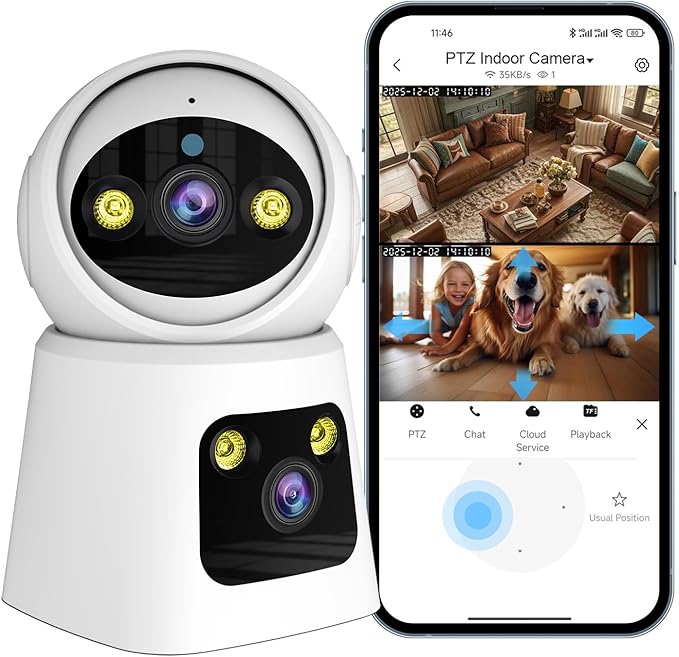 4MP Dual Lens Indoor Security Camera, 360° Pan/Tilt Baby & Pet Monitor, 2.4G/5G WiFi, Motion Tracking, 24/7 Cloud/SD, 2-Way Audio, Works with Mobile App & PCs
