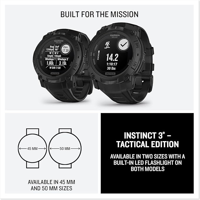 Garmin Instinct® 3 Tactical Edition, 50mm, Solar Charged Display, Rugged Outdoor GPS Smartwatch