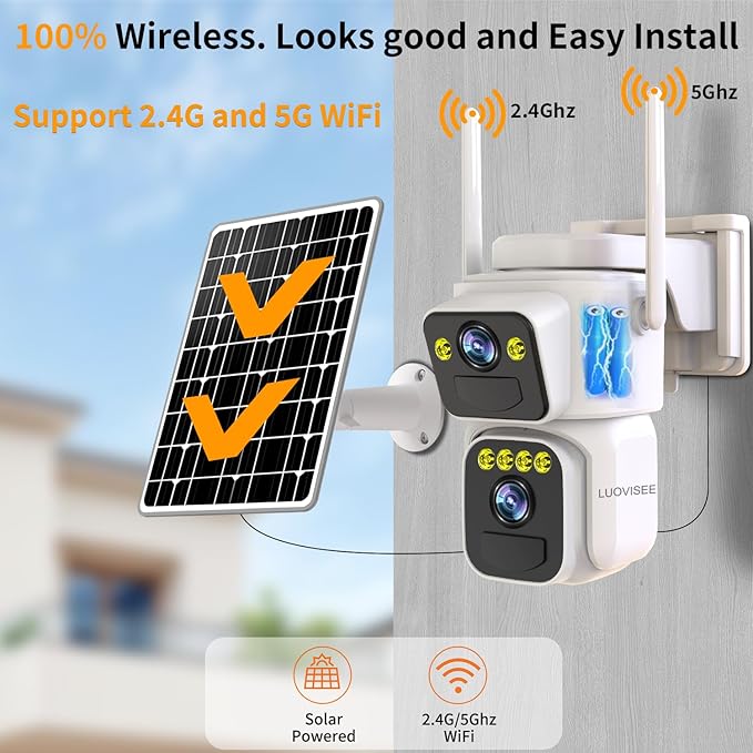 Cameras for Home Security with Dual Lens,2.4G/5G WiFi Outdoor Camera Wireless Solar Powered,PIR Alarm,Color Night Vision,2-Way Audio,Cloud/SD Storage,No Month Fee(2 Pack)
