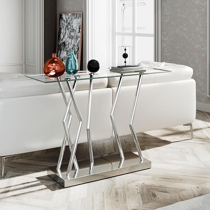 43.3" Glass Modern Console Table, Sturdy Silver Entryway Table with Stainless Steel Base, Rustic Entrance Table, Minimalist Narrow Tables for Living Room & Office